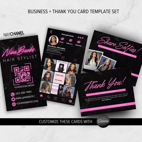 DIY Editable Business And Thank You Card Template - Instagram Digital Premade Hair Makeup Lash Nail Business Card template - Canva Template Let’s take your business to the next level with this business card template set. Both designs are ideal for any business whether it’s a hair, makeup, lash, nail business, or any other businesses and boutiques out there! Whether you’re launching a new business or reinvigorating your existing one, this is the perfect set to make a lasting impression. You are w Free Business Logo, Business Card Set, Best Website Templates, Template Cute, Hair Business Cards, Thank You Card Size, Template Notion, Small Business Cards, Nail Business