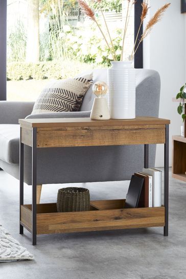 Bronx Oak Effect Storage Sofa Side Table Homemade Outdoor Furniture, Storage Sofa, Industrial Sofa, Dark Metal, Square Side Table, Side Table Design, Living Room Side Table, Sofa Side Table, Modern Side Table