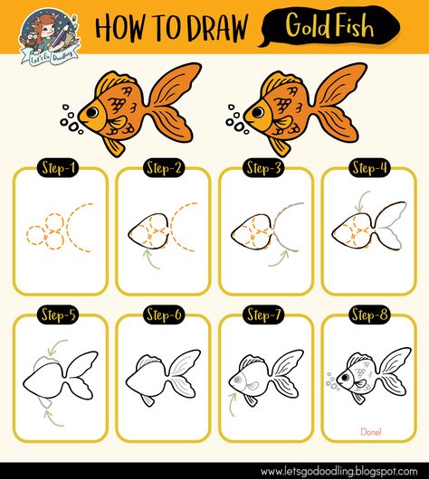 How To Draw Goldfish, How To Draw A Goldfish, Goldfish Doodle Easy, Drawing Goldfish, How To Draw A Goldfish Step By Step, Teach Kids To Draw, Sea Life Artwork, Trin For Trin Tegning, Kindergarten Drawing