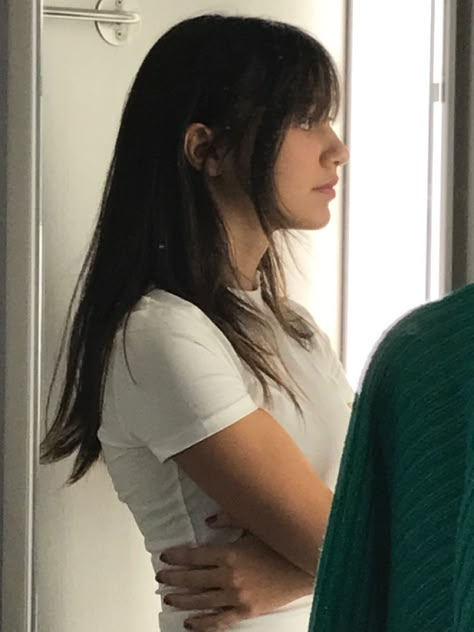 Side Profile With Bangs, Side Braid With Bangs, Long Black Hair Fringe, Bangs Side Profile Drawing, Dark Hair Fringe, Bangs Side Profile, Long Hair Side Profile, Wolf Cut Side Profile, Dark Brown Hair Bangs