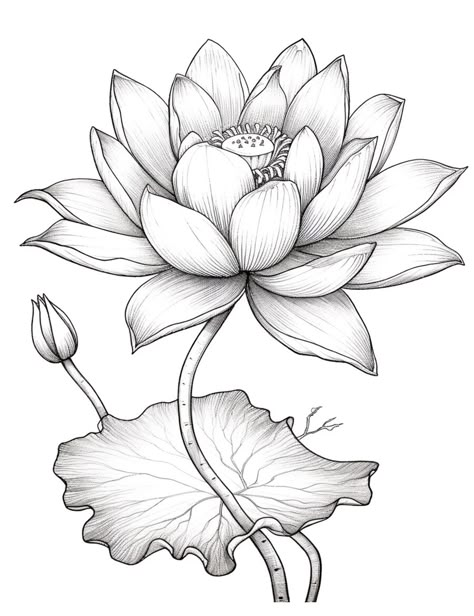 Premium AI Image | A drawing of a lotus flower with leaves and buds generative ai Lotus Flowers Paintings, Lotus Flower Drawing Pencil, Lotus Pencil Drawing, Lotus Leaves Drawing, Lotus Flower Drawing Sketches, Lotus Sketch Drawing, Lotus Flower Drawing Design, Lotus Drawing Art, Lotus Flower Line Drawing