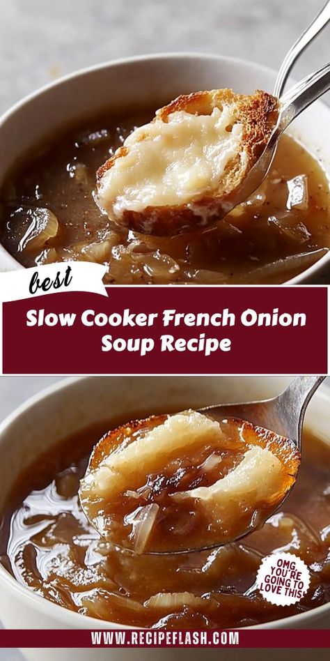 Treat yourself to the rich flavors of Slow Cooker French Onion Soup! This delicious recipe combines sweet caramelized onions with a savory broth, topped with crusty bread and melted cheese. A perfect dish for gatherings or a cozy night in, this soup is sure to impress everyone at the table! Crock Pot Onion Soup Slow Cooker, Homemade French Onion Soup Recipe, French Onion Soup With Brandy, Simple French Onion Soup Recipe, French Onion Soup With Sherry Recipe, Crockpot French Onion Soup Recipe, Overnight Crockpot French Onion Soup, Pressure Cooker French Onion Soup, Overnight French Onion Soup