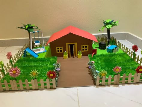 Diy House Projects For School, Popsicle Stick Houses, School Kids Crafts, Diy Crafts Love, Cardboard Crafts Diy, Cardboard Box Crafts, Hand Crafts For Kids, Cardboard House, Paper Craft Diy Projects