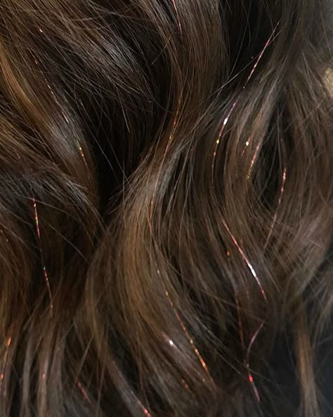 Dark Brown Hair With Highlights Aesthetic, Gold Streaks In Brown Hair, Bronze Hair Tinsel, Hair Tinsel Dark Hair, Anora Hair Tinsel, Hair Tensil Black Hair, Fall Hair Aesthetic, Tinsel In Dark Hair, Colored Streaks In Hair