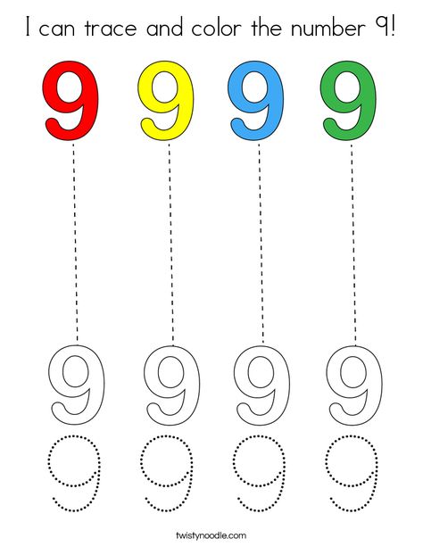 I can trace and color the number 9 Coloring Page - Twisty Noodle Preschool Number Tracing, Color The Number, Tot School Themes, Preschool Prewriting, Trace And Color, Flamingo Craft, Twisty Noodle, Preschool Tracing, English Activities For Kids