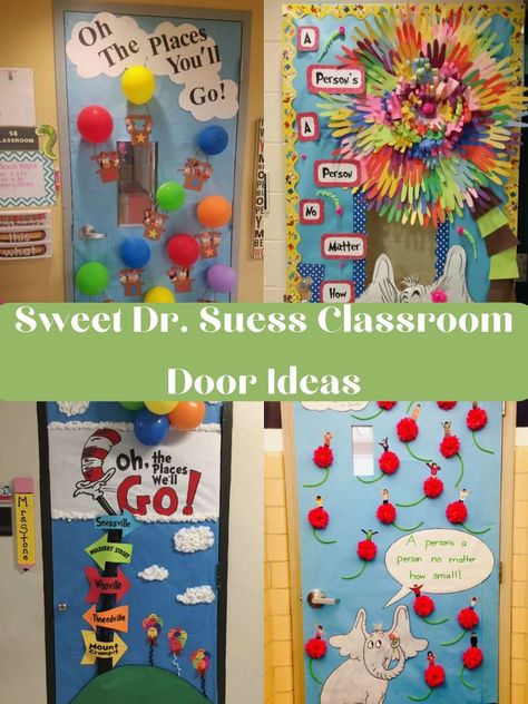 37 Creative Dr. Seuss Classroom Door Ideas - Pink Pop Design Dr Seuss Book Crafts, Dr Seuss Poster Ideas, Read Across America Door Ideas, Reading Classroom Doors, Dr Suess Hallway Decorations, Dr Seuss Doors Classroom, Dr. Seuss Books, Dr Seuss Christmas Decorations Diy, Classroom Door Decorations Book Theme