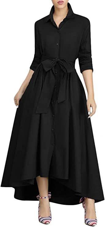 VERWIN Women Long Sleeve Loose Elegant Maxi Dress Button Down Up Shirt Long Dress with Pockets and Belts (XXL, Red) at Amazon Women’s Clothing store Shirt Long Dress, Clergy Women, 70 Outfits, Ruffle Bell Sleeve, Loose Maxi Dress, Fishtail Dress, Elegant Maxi Dress, Split Maxi Dress, Long Shirt Dress