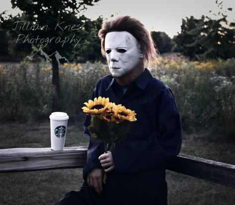 Basic bitch fall vibes mixed with horror Pumpkin Photoshoot, Spooky Shoot, Michael Meyers, Michael Meyer, Halloween Photoshoot, Halloween Coffee, Beautiful Cover, Michael Myers, Easy Breezy