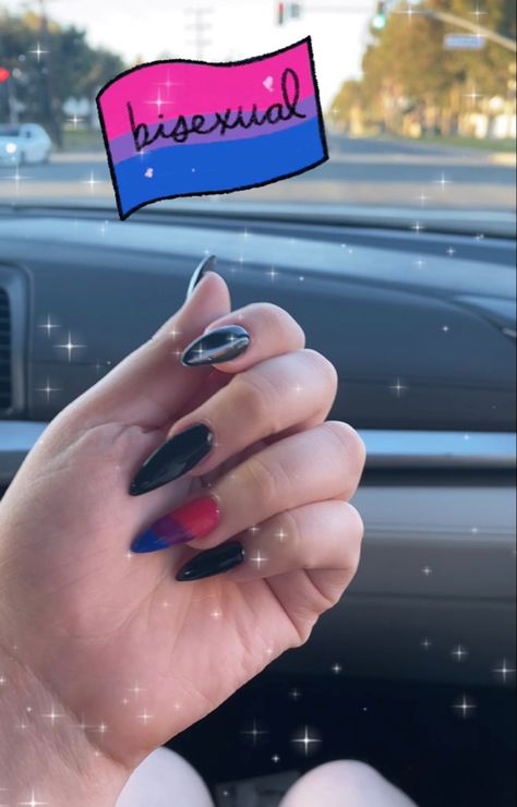 Bisexual Nails Acrylic, Pride Acrylic Nails, Bisexual Flag Nails, Bisexual Pride Nails Short, Bisexual Nail Ideas, Goth Gay Pride Nails, Bi Nails, Az Nails, Bi Pride Nails