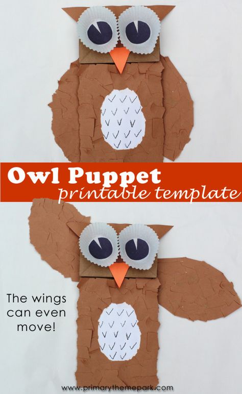 Owl Puppet Template  Printable  with Instructions Owl Puppet, Puppet Template, Classroom Elementary, Parts Of A Pumpkin, Owl Printables, Owl Wings, Owl Kids, Paper Wings, Paper Bag Puppets