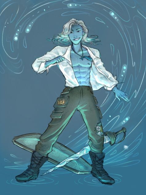 Dnd Genasi Water, Air Genasi Pirate, Deep Sashelas, Water Character Art, Water Mage Character Design, Water Cleric, Water Genasi Paladin, Male Air Genasi, Water Genasi Bard