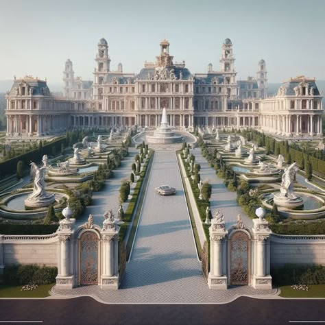 Modern Palace Exterior, French Palace Exterior, Royal Castle Aesthetic, Royal Palace Exterior, Royal Palace Aesthetic, Palace Exterior, Fantasy Palace, Palace Design, Castle Exterior