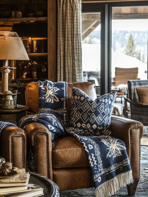 Rustic Brown Living Rooms with Navy Magic ✨🏡 Get Inspired! - Brown Living Rooms, Ralph Lauren Living Room, Navy Leather Sofa, Rustic Living Rooms, Brown Leather Furniture, Brown And Blue Living Room, Western Living Room, Rustic Wooden Shelves, Masculine Decor