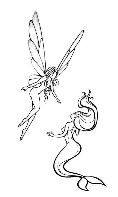 Libra Fairy Tattoo, Fairy Tattoo Sketch, Mermaid Simple Tattoo, Fairy Body Drawing, Tattoo Ideas Female Drawings, Fairy Outline Tattoo, Tattoos Goddesses, Mermaid And Fairy Tattoo, Fairy And Mermaid Tattoo