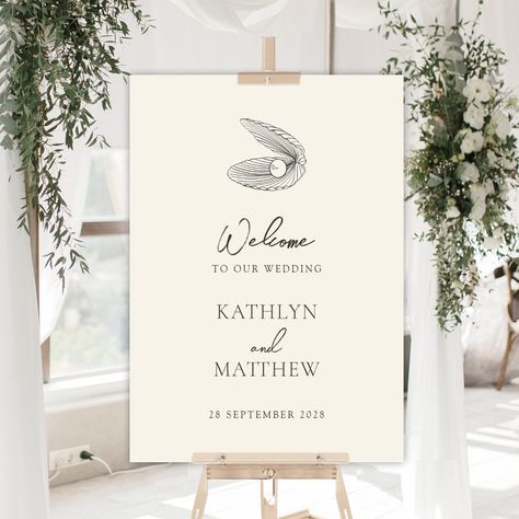 Coastal Welcome Sign Wedding, Coastal Welcome Sign, Wedding Ceremony Welcome Sign, Wedding Ceremony Welcome, Ceremony Welcome Sign, Beach Wedding Tables, Seashell Beach, Ocean Wedding, Wedding Welcome Sign