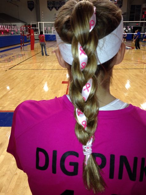 pink out volleyball game braid - I just tied the ribbon to the hair band and had my friend braid it in Pink Out Volleyball Game, Volleyball Ribbons, Hairstyles Basketball, Volleyball Braids, Dig Pink, Volleyball Bows, Softball Hair, Sports Volleyball, Volleyball Hair