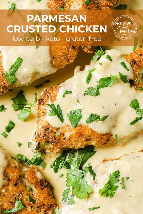 This Parmesan Crusted Chicken with Lemon Cream Sauce is the perfect quick and easy weeknight meal. Tender, juicy chicken breast, coated in crispy parmesan cheese and herbs, tops with a rich lemony cream sauce. It is the perfect low carb, keto alternative to breaded and fried chicken. Keto Chicken Cutlets, Low Carb Parmesan Crusted Chicken, Low Carb Lemon Chicken, Chicken With Lemon Cream Sauce, Low Carb Creamy Chicken, Tender Juicy Chicken Breast, Parmesan Crusted Chicken Recipe, Lemon Cream Sauce, Juicy Chicken Breast