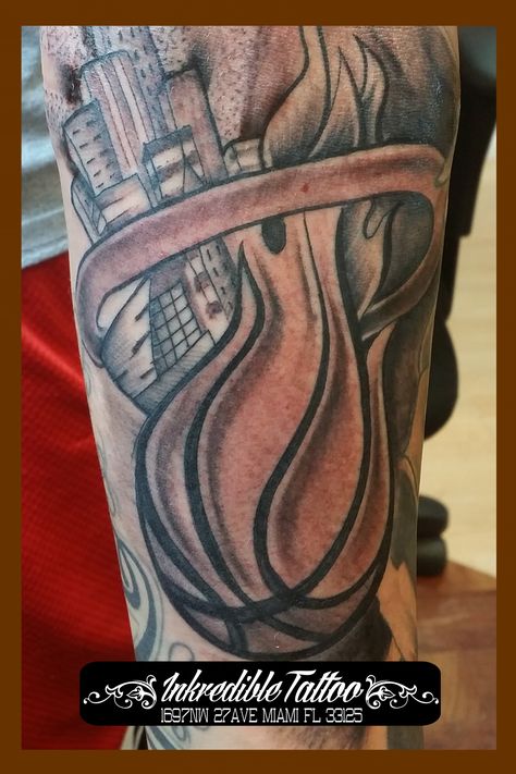 miami heat tattoos Miami Heat Tattoo Ideas, Miami Heat Painting, Miami Heat Wallpaper, Miami Heat Logo Wallpapers, Miami Ink Tattoos, Lebron James Miami Heat, Miami Ink, Florida Tattoos, Skyline Tattoo