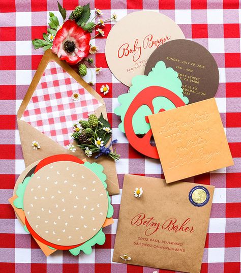 Burger Party, Unique Baby Shower Themes, Food Fest, Baby Q, Unique Baby Shower, Fine Linen, Custom Wedding Invitations, Party Inspiration, Baby Shower Invitation