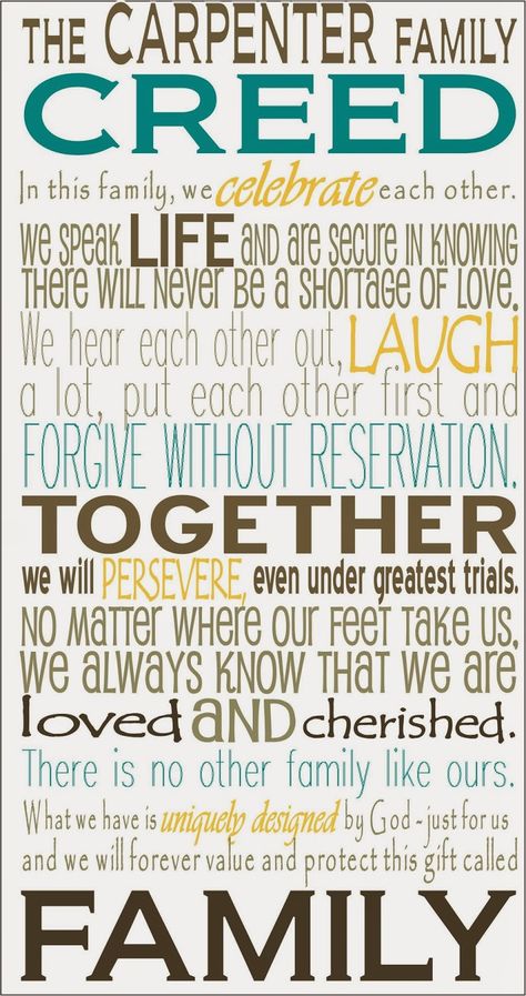 Family Creed Family Creed, Vision Casting, Family Council, Family Vision, Family Mission Statements, Family Mission, Family Motto, Walking On Water, Bret Michaels