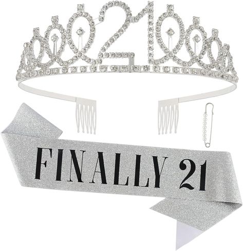 PRICES MAY VARY. Birthday party supplies FINALLY 21 Belt + rhinestone headwear gift set. Brilliant 21 crowns: The clear and shiny rhinestones are fixed on the golden alloy crown and will not be easily placed. They are perfect for any party use. They can bring the most dazzling effect for birthday girls on special occasions. Elegant broken flash window: Brilliant belt 21, made of a material of gold flash, read, FINALLY 21 black pressure foil 33 inches long, 3.75 inches wide, one size suitable for 21 Birthday Sash, Birthday Sash And Crown, 21st Birthday Crown, 21st Birthday Party Favors, 21st Birthday Sash, Happy Birthday Crown, Crowns For Women, Belt Rhinestone, Birthday Crowns