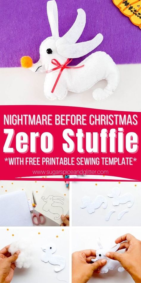 How to make a Zero Stuffie inspired by the Nightmare Before Christmas. This Disney sewing craft is perfect for beginning sewists and uses our free sewing pattern to make the process super quick and easy Zero Plush Pattern, Oogie Boogie Sewing Pattern Free, Nightmare Before Christmas Sewing Patterns, Felt Patterns Free, Disney Sewing, Free Printable Sewing Patterns, Sewing Templates, Christmas Sewing Projects, Printable Sewing Patterns