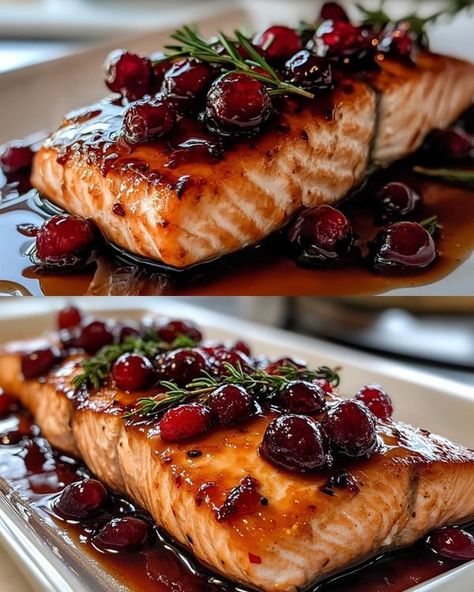 Salmon Cranberry Recipes, Cranberry Honey Glazed Salmon, Salmon With Cranberry Sauce, Salmon Thanksgiving, Salmon For Christmas Dinner, Christmas Salmon Recipe, Raspberry Glazed Salmon, Thanksgiving Salmon, Holiday Salmon