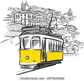 Portugal Train, Scene Sketch, Medieval Modern, Lisbon Tram, Famous Architecture, Lisbon Travel, Drawing Vector, Diy Watercolor Painting, Vector Sketch