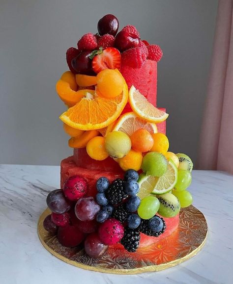 Fruit In The Shape Of A Cake, All Fruit Birthday Cake, Wedding Cake Made Out Of Fruit, Fruit Made To Look Like A Cake, Watermelon Fruit Cake Birthday, Birthday Fruit Cake Ideas, Fruit Tier Cake, Cake Out Of Fruit, Cake Made With Fruit