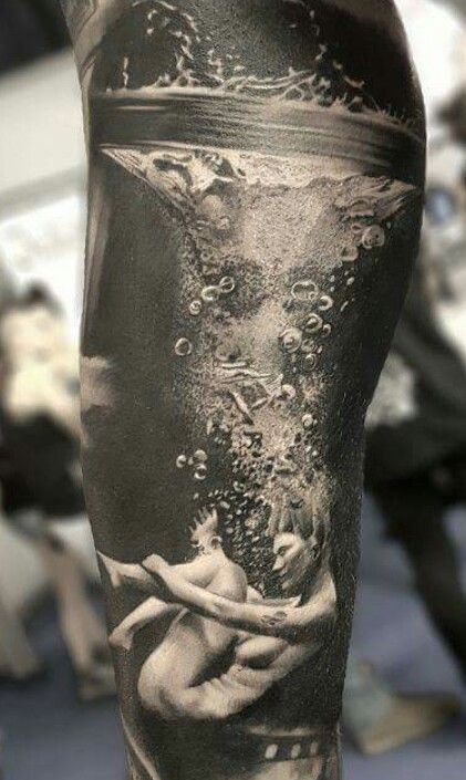 Black work submerged under water tattoo | www.otziapp.com Negative Space Tattoo, Dove Tattoos, Water Tattoo, Marvel Tattoos, Nautical Tattoo, Cat Tattoos, Geniale Tattoos, Tiny Tattoo, 3d Tattoos