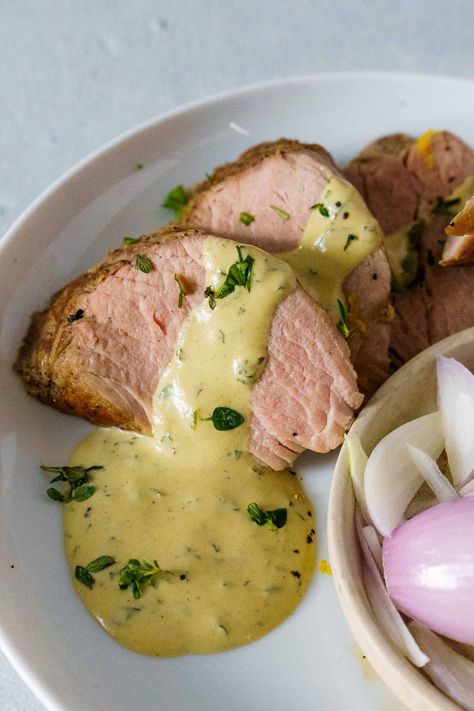 This sous vide pork tenderloin comes with a simple marinade and a creamy mustard and herb pan sauce. Gluten free pork recipe. Perfect for dinner and you can even cook from frozen with no need to thaw making it the perfect freezer meal. Pork Tenderloin Sous Vide, Sous Vide Pork Loin, Sous Vide Pork Tenderloin, Sous Vide Pork Chops, Pork Tenderloin Marinade, Sous Vide Pork, Simple Marinade, Breakfast Dinner Recipes, Pork Loin Roast Recipes