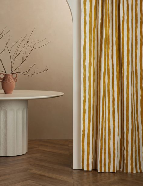 Painterly Stripe Linen Curtain Panel by Sarah Sherman Samuel Colorful Curtains Living Room, Stripe Curtains Living Room, Modern Curtain Design, Mid Century Curtains, Colorful Bedroom, Sarah Sherman, Sarah Sherman Samuel, Linen Curtain Panels, Dining Room Curtains