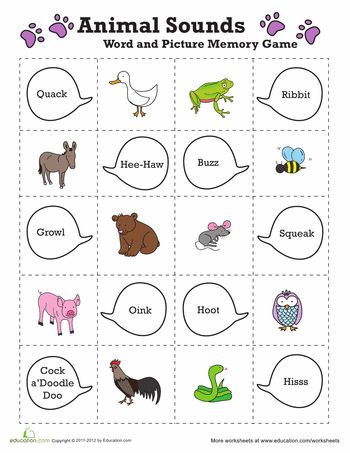 Worksheets: Easy Animal Memory Game: Oh, I love to make fun games with things. You can cut these pics and pile them up. At "go", match them up. Pair the pics with the correct sound each makes.  MamaPat Animal Sounds Activity, Animal Sounds Game, Alphabet Memory Game, Winter Preschool Theme, Animal Memory Game, Preschool Homework, Early Head Start, Game Worksheet, Animal Sound