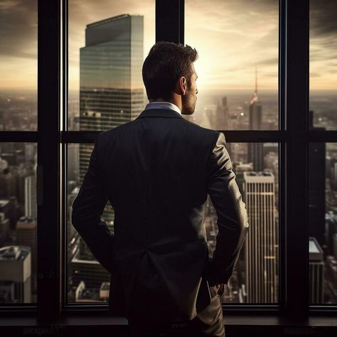 Back view of businessman suit standing at office looking at city through panoramic window. AI Generative Office With City View, Man In Suit Back View, Business Man Photography Office, Heroic Photography, Man Looking Out Window, Suit Back View, Person Back View, Consultant Outfit, Men In Office