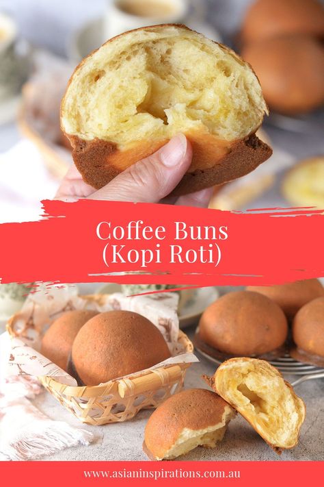 Wake up and smell the coffee buns! Coffee Buns (Kopi Roti) is a famous Malaysian bun. It will have you enjoying fluffy, sweet buns with a coffee aroma in no time. Recipes by Asian Inspirations. #malaysianrecipes #malaysiancuisines #coffee #asianbread #coffeebun Roti Bun Recipe, Coffee Buns Recipe, Singaporean Recipes, Malaysian Breakfast, Crepes Recipe Breakfast, Coffee Bun, Coffee Buns, Asian Buns, Second Sister