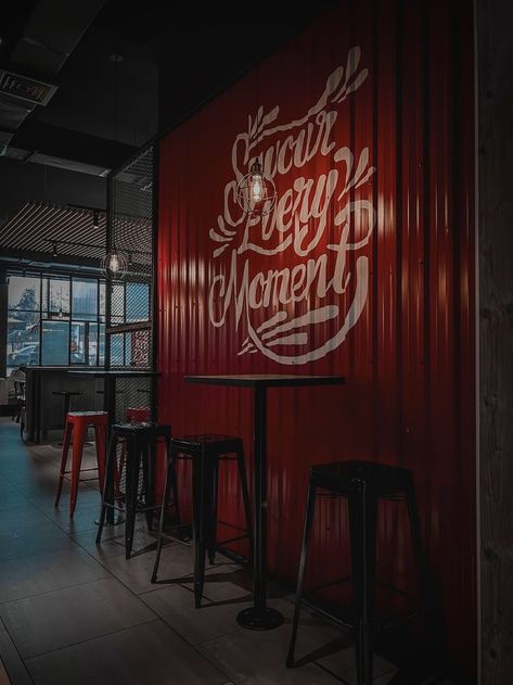 Red And Black Restaurant Interior, Red And White Restaurant Interior, Red Restaurant Interior, Brick Restaurant, Commercial Facade, Cafe View, Red Cafe, Mother Clucker, Coffee Shop Counter