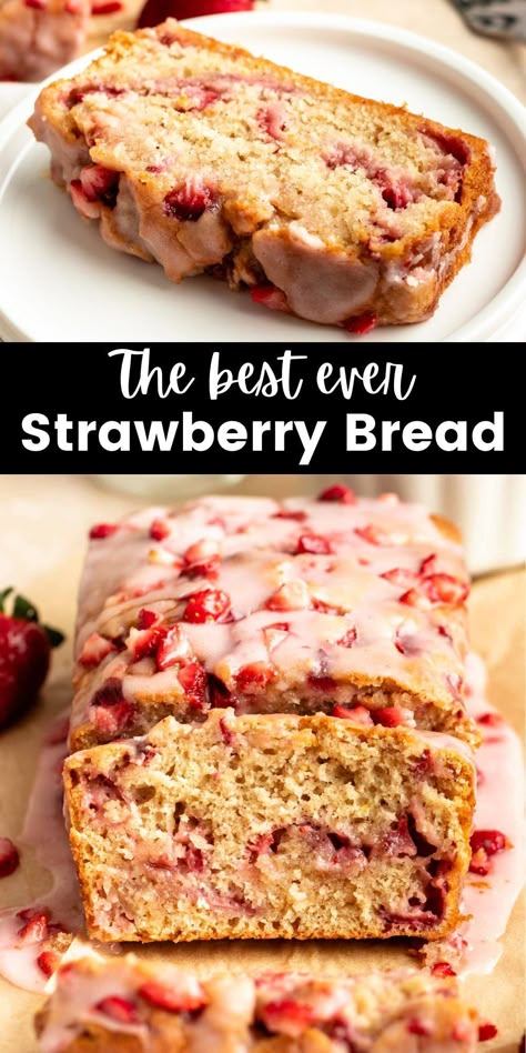 This incredibly moist fresh strawberry bread is made with fresh strawberries and is topped with a delicious strawberry glaze. Strawberry And Cream Loaf Cake, Best Strawberry Bread Recipe, Strawberry Loaf Cake Easy, Easy Loaves Recipes, Streusel Bread Recipes, Baked Loaf Recipes, Yummy Loaf Recipes, Homemade Strawberry Bread, Fresh Strawberry Bread Recipe