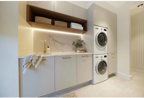 High End Laundry Room, Laundry Stacked Washer Dryer, Stacking Washer And Dryer, Minimal Laundry Room, Stacked Washer Dryer Laundry Room, Laundry Hallway, White Laundry Room, Style Curator, Timber Storage