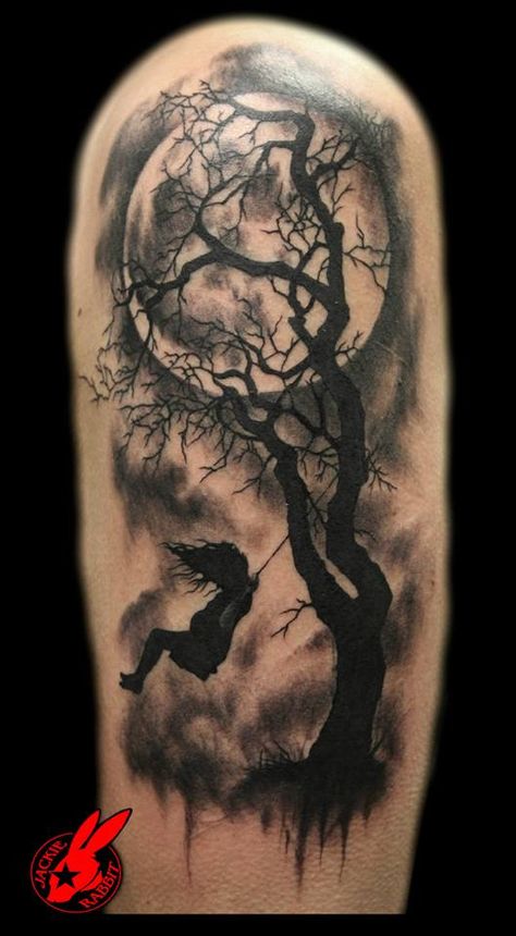 Tree Girl on Swing Tattoo by Jackie Rabbit | Custom Tattoo b… | Flickr Swing Tattoo, Tree Silhouette Tattoo, Tree Tattoo Men, Tree Tattoos, Polynesian Tattoos, Tree Tattoo Designs, Silhouette Tattoos, Cat Tattoos, Geniale Tattoos