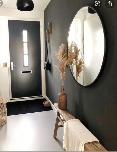 Narrow Dark Hallway Ideas, Dark Grey Feature Wall, Grey And White Hallway, Grey Hallway Ideas, Dark Hallway Ideas, Hallway Decorating Ideas, Grey Feature Wall, Hallway Colour Schemes, Accent Wall Entryway