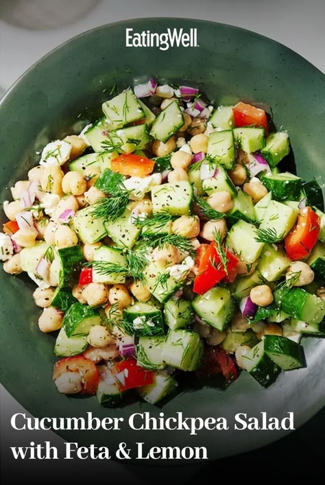 This cucumber chickpea salad with feta and lemon is tangy and refreshing. You can enjoy it on its own or toss it with greens for an easy lunch or dinner. Chickpea Feta Salad Recipes, Chickpea Cucumber Feta Salad Wrap, Greek Feta And Chickpea Salad, Cucumber Chickpea Salad, Chickpea Cucumber Feta Salad, Chickpea Salad With Feta, Chickpea Cucumber, Chickpea Feta Salad, Cucumber Chickpea Salad With Feta And Lemon