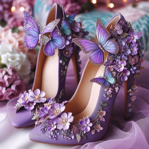 Fantasy Heels, Purple Butterfly Wings, Lavender Fairy, Art Costumes, Fantasy Shoes, Whimsical Shoes, Princess Fantasy, Magic Shoes, Bling Heels