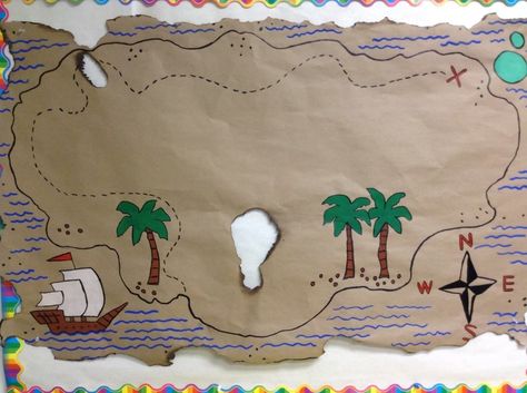 Treasure map for classrooms Shipwrecked Vbs, Submerged Vbs, Big Paintings, Pirate Party Decorations, 2023 Decor, Pirate Map, Pirate Themed Birthday Party, Pirate Room, Bulletin Board Paper