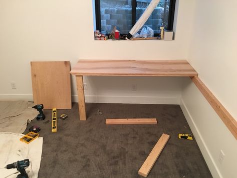 Homemade L Desk, How To Build A Desk Diy Simple, Simple Built In Desk, L Desk Diy, Diy L Desk, Waterfall Edge Desk, Built In Corner Desk, Desk Legs Diy, Floating Desk Diy