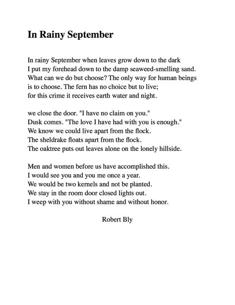 Poem: "In Rainy September" - by Robert Bly. Robert Bly Poetry, Poems About September, September Poem, Rainy September, September Rain, Autumn Poetry, Robert Bly, Poems Deep, Autumn Poems