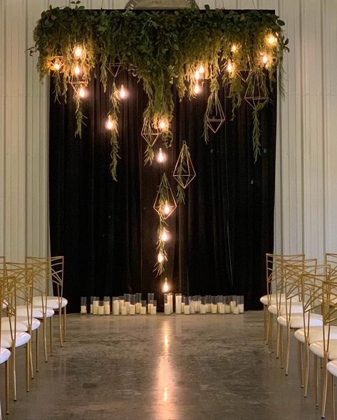 Industrial Chic Wedding. Black and greenery. Ceremony Backdrop Black Tie Wedding Backdrop, Black Wedding Backdrop Ceremony, Wedding Black Backdrop, Green And Gold Wedding Backdrop, Wedding Backdrop Greenery, Black Backdrop Ideas, Black And Greenery Wedding Decor, Black And Gold Wedding Backdrop, Edgy Wedding Decor