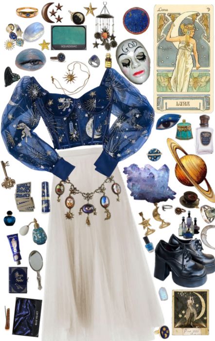 90s Astrology Aesthetic, Sun And Moon Aesthetic Outfit, 70s Celestial Outfit, Cute Moon Outfits, Space Aesthetic Jewelry, Astronomy Clothes Aesthetic, Galaxy Aesthetic Clothes, Sun And Moon Outfit Ideas, Crystalcore Aesthetic Outfits