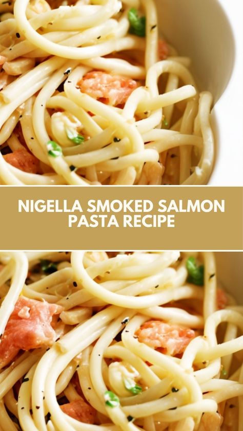 This delicious Nigella-inspired smoked salmon pasta is a quick, creamy, and elegant dish perfect for weeknight dinners or casual lunches. Made with tender spaghetti, smoky salmon, and zesty lemon, it’s a simple recipe that uses pantry staples like pasta, cream, and garlic. Flexible and easy to customize, it’s ready in under 30 minutes! Smoked Salmon Gnocchi, Smoked Salmon Spaghetti, Nigella Lawson Recipes Dinner, Pasta With Smoked Salmon Recipe, Smoked Salmon And Pasta Recipes, Recipes That Use Smoked Salmon, Smoked Salmon Recipes Dinners, Smoked Salmon Dinner, Pasta With Smoked Salmon