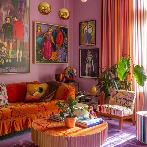 Who’s says Orange and purple…and red can’t go together #colorindesign #aiinteriors Cool Color Interior Design, Purple 70s Aesthetic, Red And Purple Room, Red Orange Living Room, Purple And Orange Living Room, Lavender Living Room, Color Drenching, Tiger Background, Orange Living Room