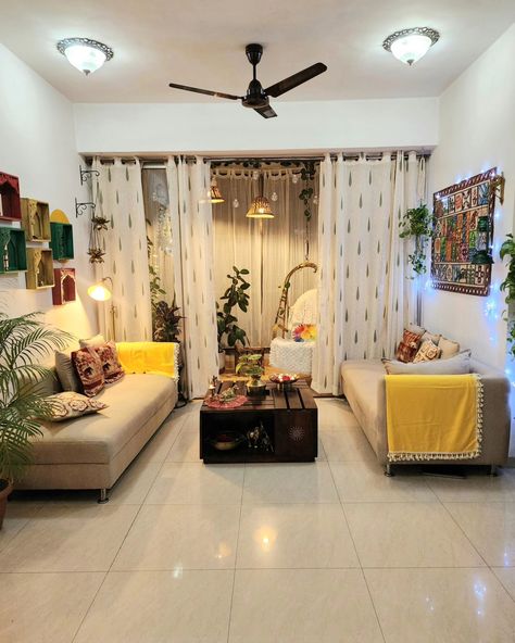 Long........ weekend 🏡❤️✨️ Balcony curtain @ikea.india Loving room curtains and yellow throw @urbanspacestore.in Coffee table . Floor lamp . White throw @amazonhomeindia Wall decor @pepperfry_official Lotus hanging . Elephant show piece @homecentreindia Cushion covers @indiacircus Beaded placemat @sajjadecor Brass nandi @mypoojabox Urli @behomaindia Indian homedecor .. Interiorideas. Living room .plants. brassdecor #indianhome #indianhomedecor #homedecor #decorideas #houseplants... Indian Curtains Living Room, Indian Drawing Room, Ikea India, Lotus Hanging, Indian Living Room Decor, Living Room Indian, Balcony Curtains, Indian Curtains, Room Plants